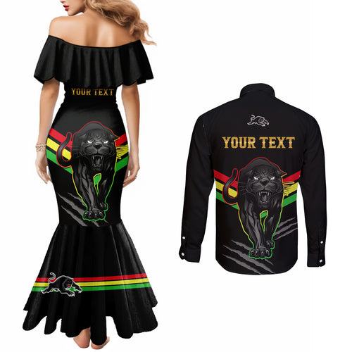 personalised-nrl-panthers-couples-matching-mermaid-dress-and-long-sleeve-button-shirts-premiers-2023-three-peat-proud-of-our-boys-black