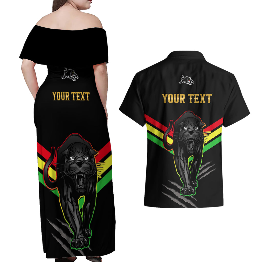 personalised-nrl-panthers-couples-matching-off-shoulder-maxi-dress-and-hawaiian-shirt-premiers-2023-three-peat-proud-of-our-boys-black