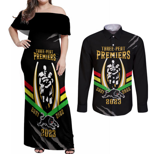 personalised-nrl-panthers-couples-matching-off-shoulder-maxi-dress-and-long-sleeve-button-shirts-premiers-2023-three-peat-proud-of-our-boys-black