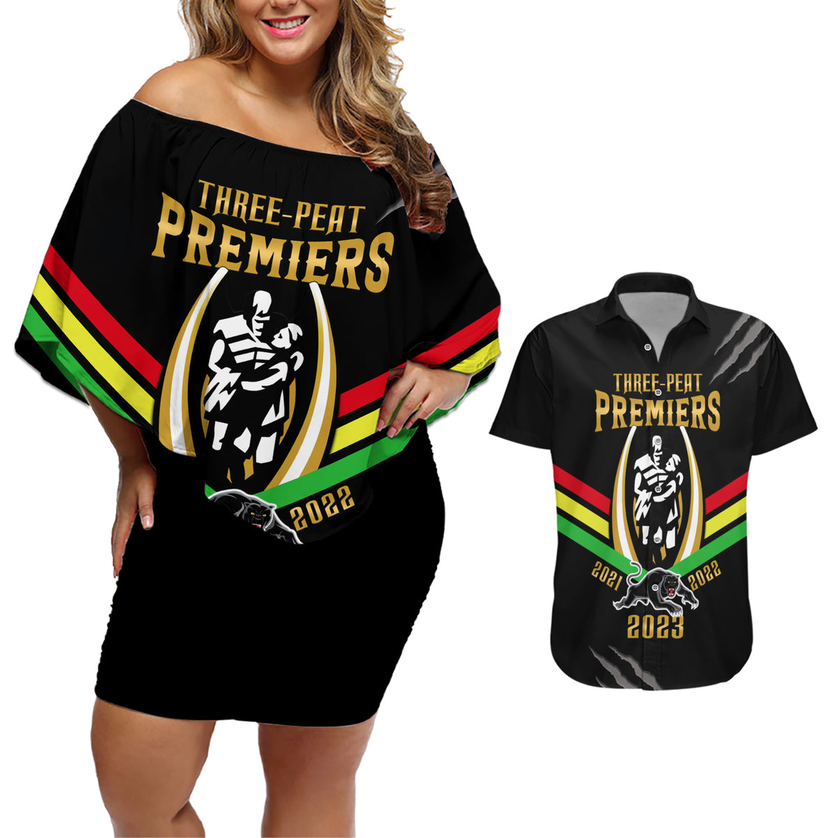personalised-nrl-panthers-couples-matching-off-shoulder-short-dress-and-hawaiian-shirt-premiers-2023-three-peat-proud-of-our-boys-black