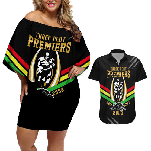 personalised-nrl-panthers-couples-matching-off-shoulder-short-dress-and-hawaiian-shirt-premiers-2023-three-peat-proud-of-our-boys-black