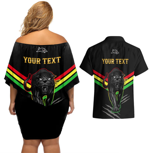 personalised-nrl-panthers-couples-matching-off-shoulder-short-dress-and-hawaiian-shirt-premiers-2023-three-peat-proud-of-our-boys-black