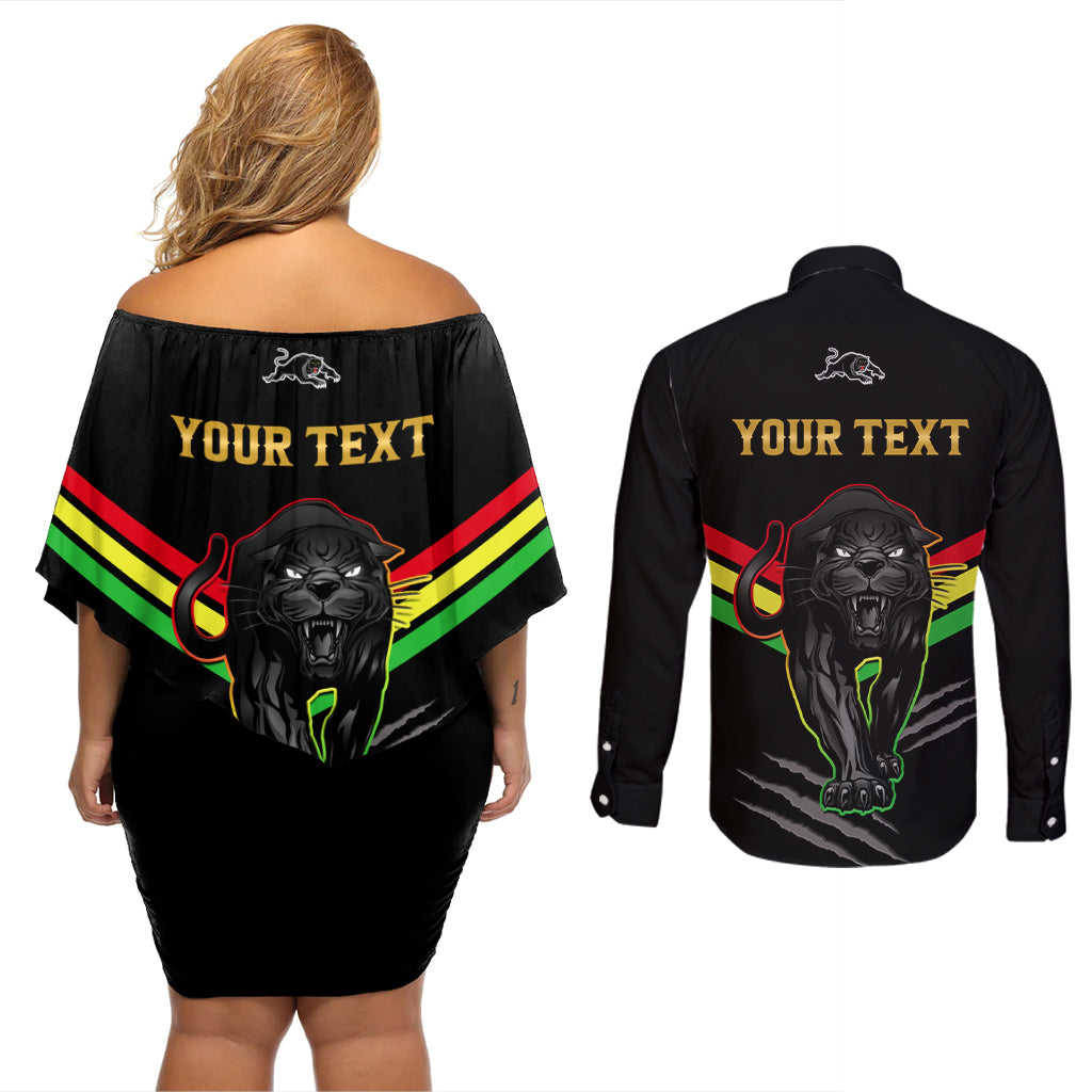 personalised-nrl-panthers-couples-matching-off-shoulder-short-dress-and-long-sleeve-button-shirts-premiers-2023-three-peat-proud-of-our-boys-black