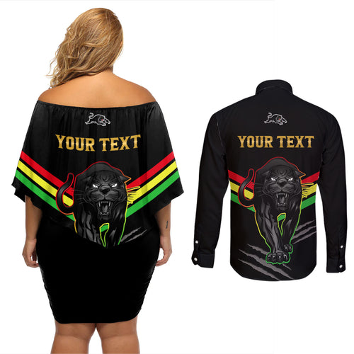 personalised-nrl-panthers-couples-matching-off-shoulder-short-dress-and-long-sleeve-button-shirts-premiers-2023-three-peat-proud-of-our-boys-black