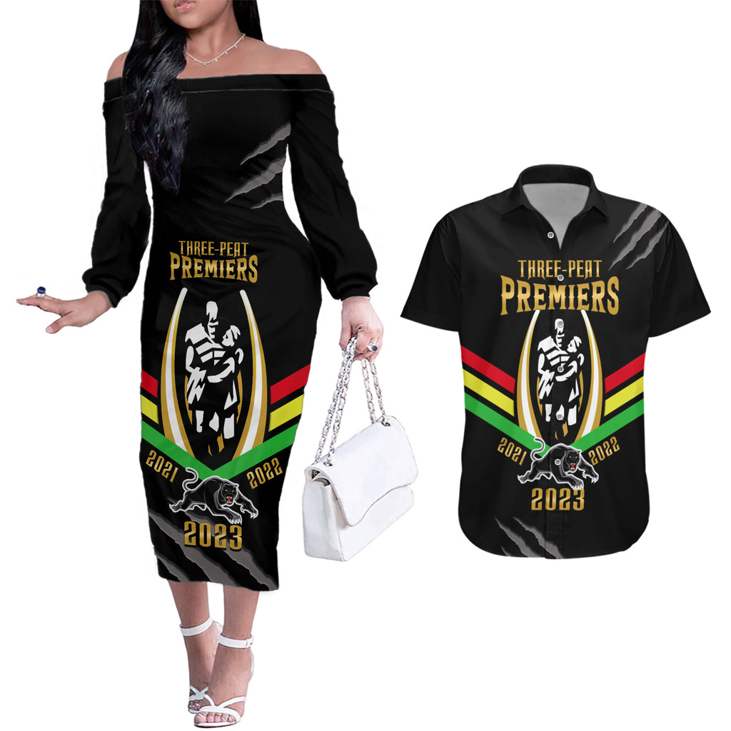 personalised-nrl-panthers-couples-matching-off-the-shoulder-long-sleeve-dress-and-hawaiian-shirt-premiers-2023-three-peat-proud-of-our-boys-black