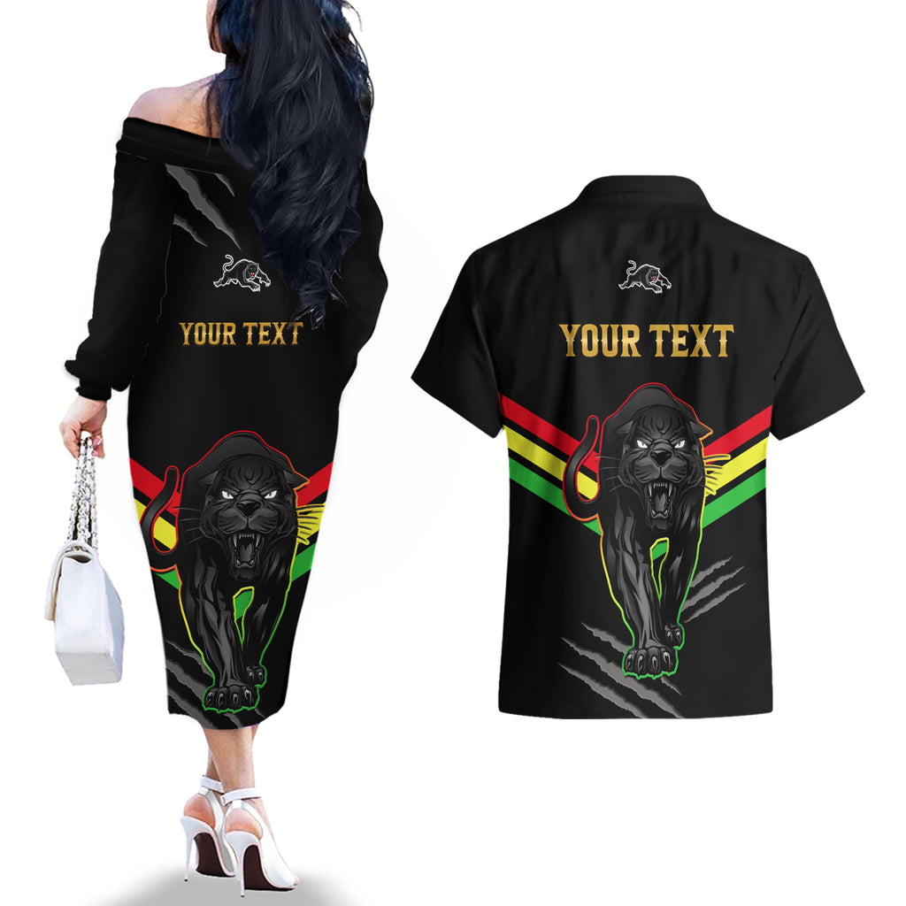 personalised-nrl-panthers-couples-matching-off-the-shoulder-long-sleeve-dress-and-hawaiian-shirt-premiers-2023-three-peat-proud-of-our-boys-black