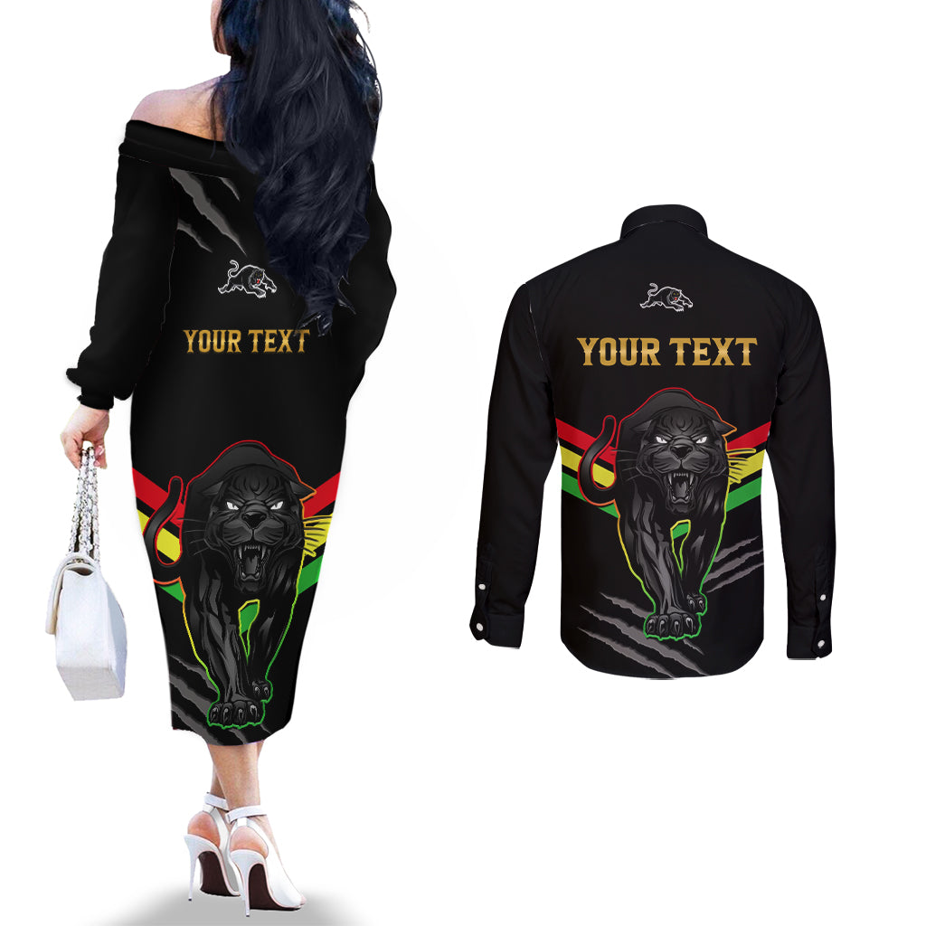 personalised-nrl-panthers-couples-matching-off-the-shoulder-long-sleeve-dress-and-long-sleeve-button-shirts-premiers-2023-three-peat-proud-of-our-boys-black