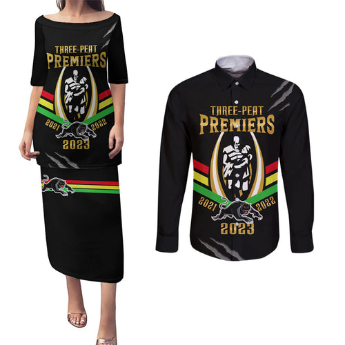 personalised-nrl-panthers-couples-matching-puletasi-dress-and-long-sleeve-button-shirts-premiers-2023-three-peat-proud-of-our-boys-black
