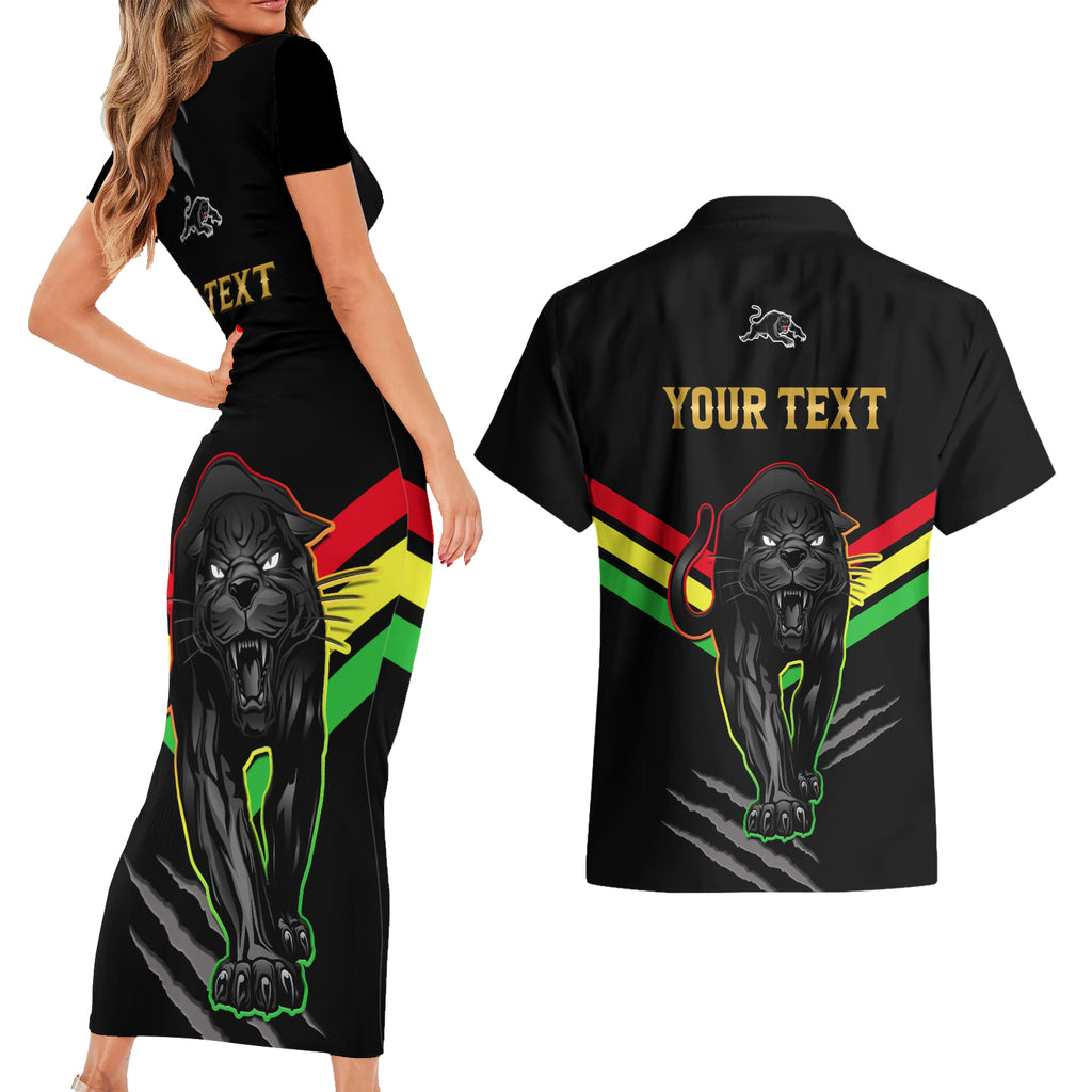personalised-nrl-panthers-couples-matching-short-sleeve-bodycon-dress-and-hawaiian-shirt-premiers-2023-three-peat-proud-of-our-boys-black