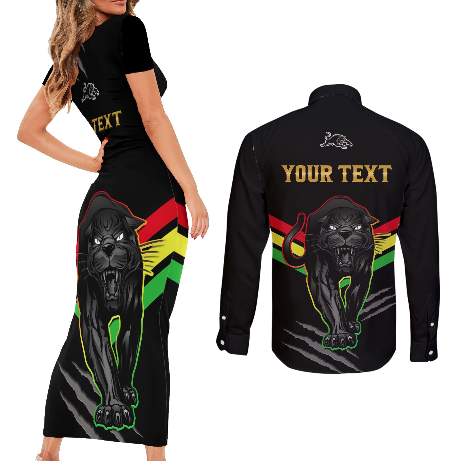 personalised-nrl-panthers-couples-matching-short-sleeve-bodycon-dress-and-long-sleeve-button-shirts-premiers-2023-three-peat-proud-of-our-boys-black