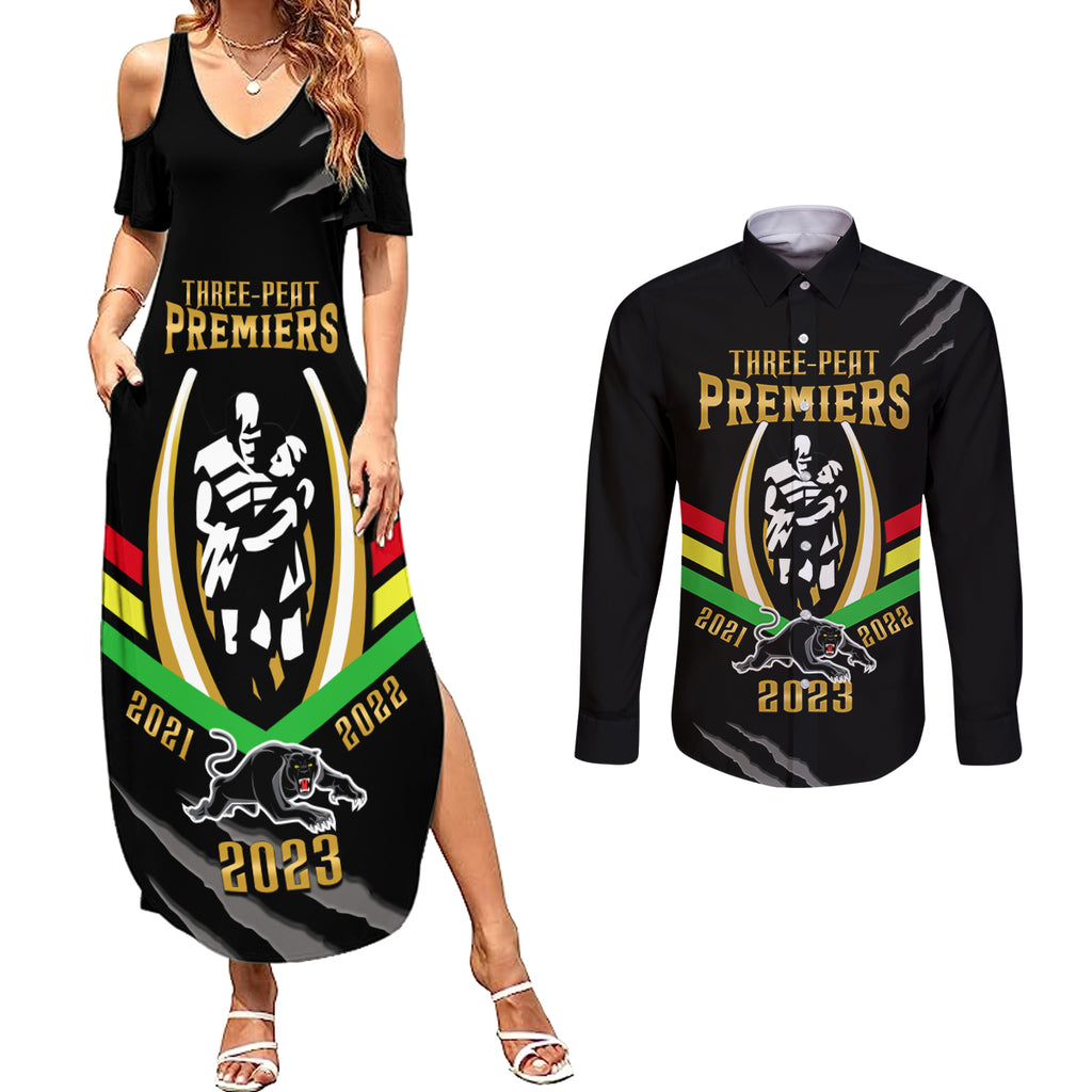 personalised-nrl-panthers-couples-matching-summer-maxi-dress-and-long-sleeve-button-shirts-premiers-2023-three-peat-proud-of-our-boys-black