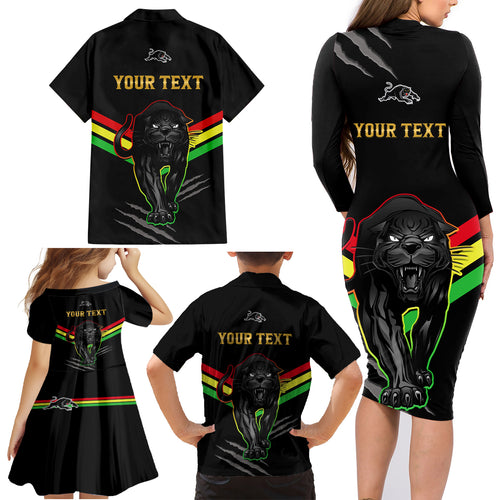personalised-nrl-panthers-family-matching-long-sleeve-bodycon-dress-and-hawaiian-shirt-premiers-2023-three-peat-proud-of-our-boys-black
