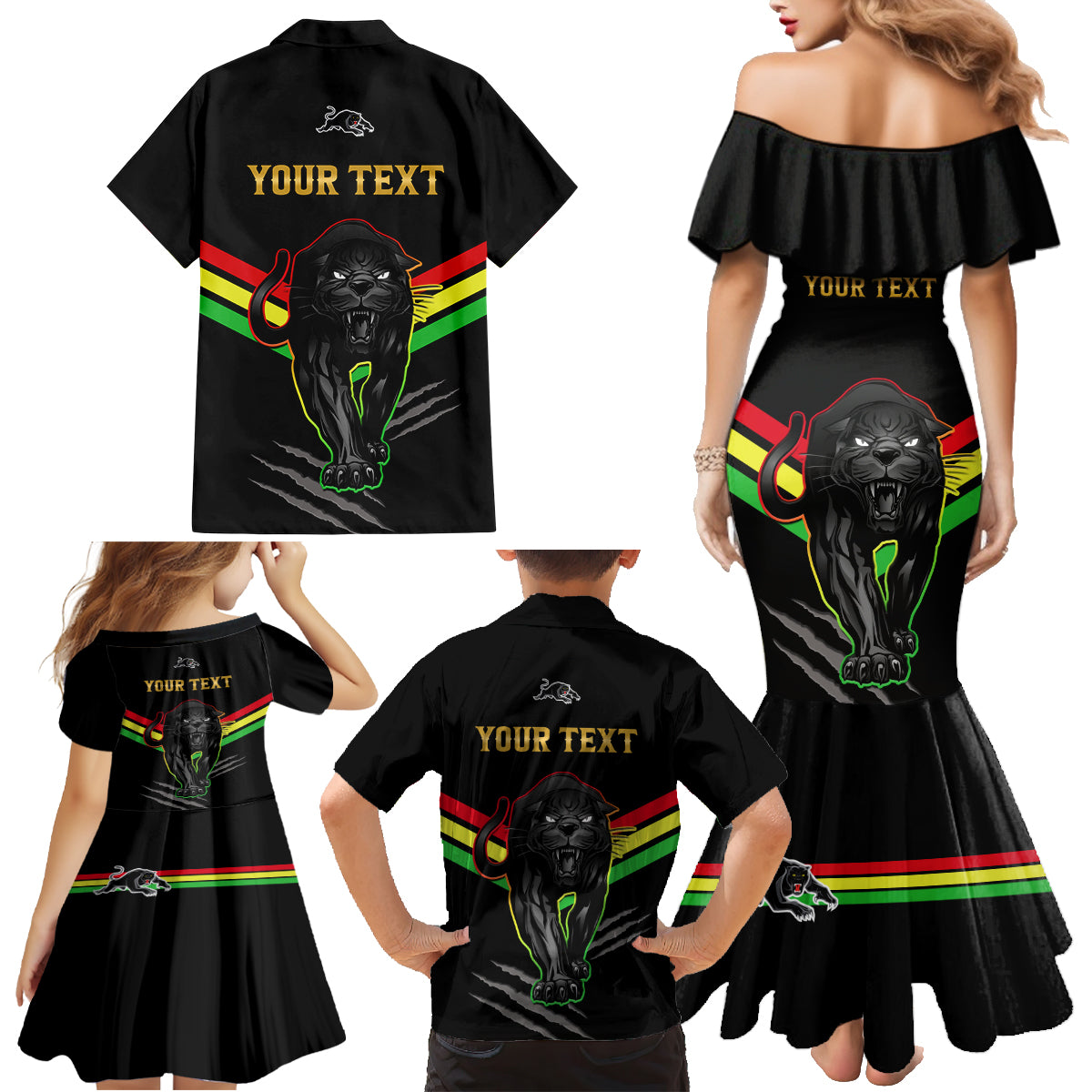 personalised-nrl-panthers-family-matching-mermaid-dress-and-hawaiian-shirt-premiers-2023-three-peat-proud-of-our-boys-black