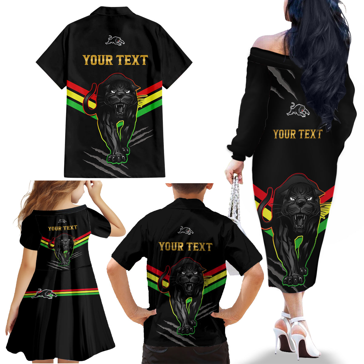 personalised-nrl-panthers-family-matching-off-shoulder-long-sleeve-dress-and-hawaiian-shirt-premiers-2023-three-peat-proud-of-our-boys-black