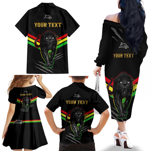 personalised-nrl-panthers-family-matching-off-shoulder-long-sleeve-dress-and-hawaiian-shirt-premiers-2023-three-peat-proud-of-our-boys-black