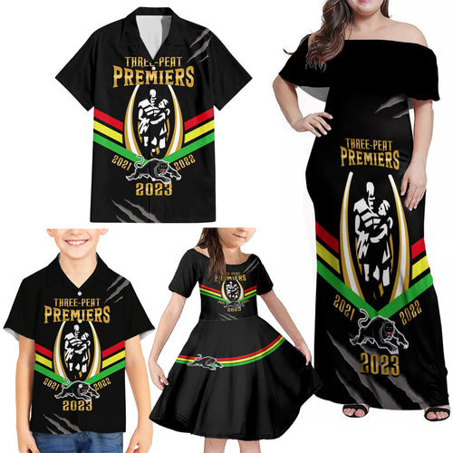 personalised-nrl-panthers-family-matching-off-shoulder-maxi-dress-and-hawaiian-shirt-premiers-2023-three-peat-proud-of-our-boys-black