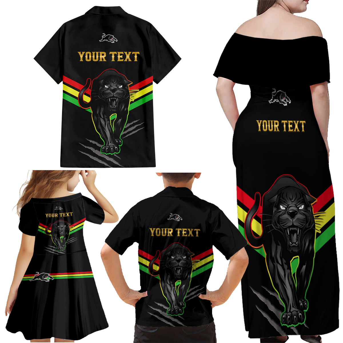 personalised-nrl-panthers-family-matching-off-shoulder-maxi-dress-and-hawaiian-shirt-premiers-2023-three-peat-proud-of-our-boys-black