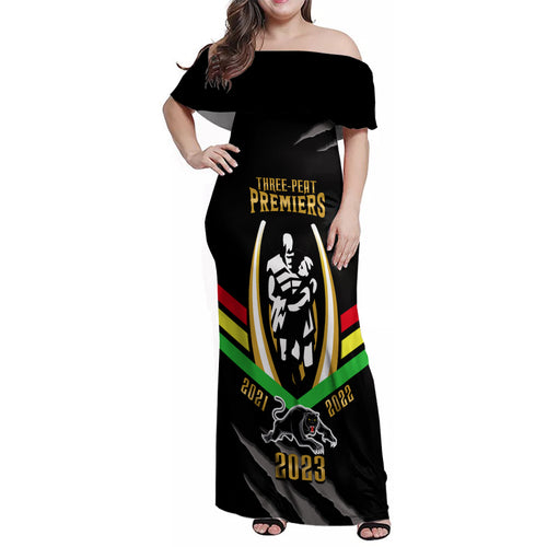 personalised-nrl-panthers-family-matching-off-shoulder-maxi-dress-and-hawaiian-shirt-premiers-2023-three-peat-proud-of-our-boys-black