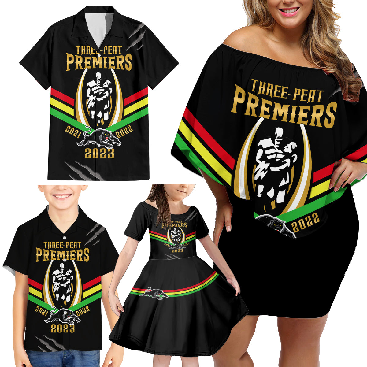 personalised-nrl-panthers-family-matching-off-shoulder-short-dress-and-hawaiian-shirt-premiers-2023-three-peat-proud-of-our-boys-black