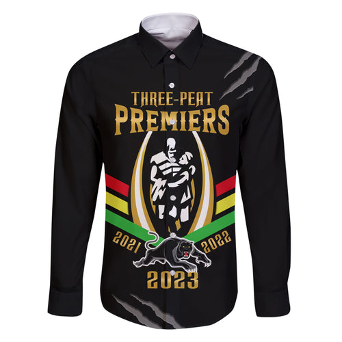 personalised-nrl-panthers-family-matching-short-sleeve-bodycon-dress-and-hawaiian-shirt-premiers-2023-three-peat-proud-of-our-boys-black