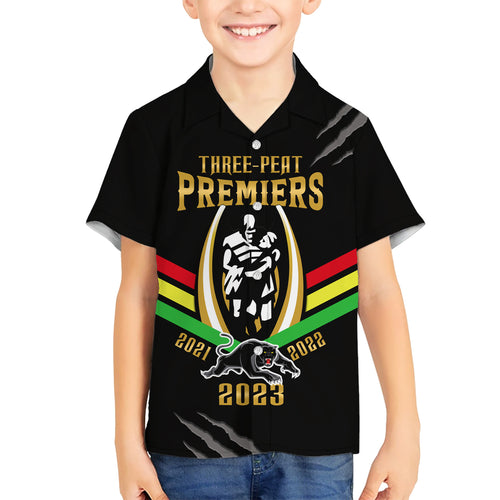 personalised-nrl-panthers-kid-hawaiian-shirt-premiers-2023-three-peat-proud-of-our-boys-black