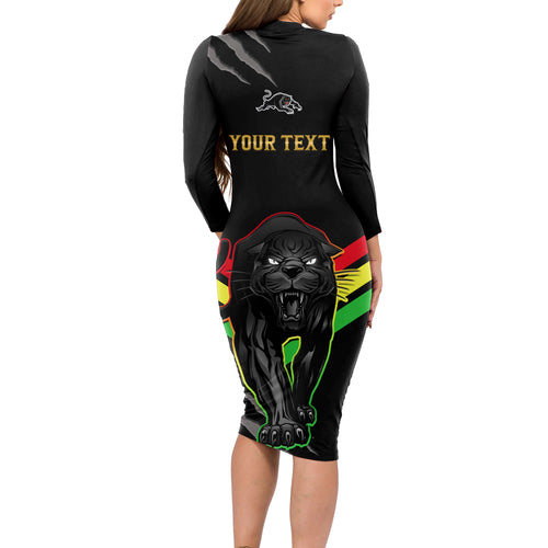 personalised-nrl-panthers-long-sleeve-bodycon-dress-premiers-2023-three-peat-proud-of-our-boys-black