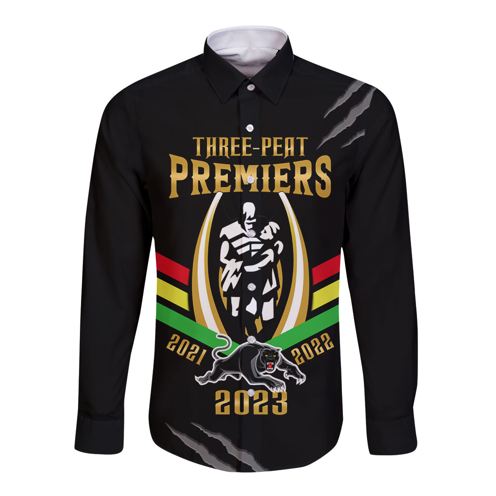 personalised-nrl-panthers-long-sleeve-button-shirt-premiers-2023-three-peat-proud-of-our-boys-black