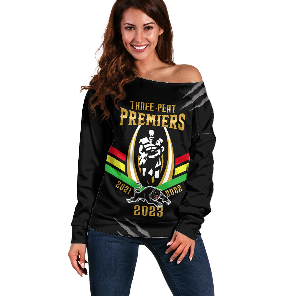 personalised-nrl-panthers-off-shoulder-sweater-premiers-2023-three-peat-proud-of-our-boys-black