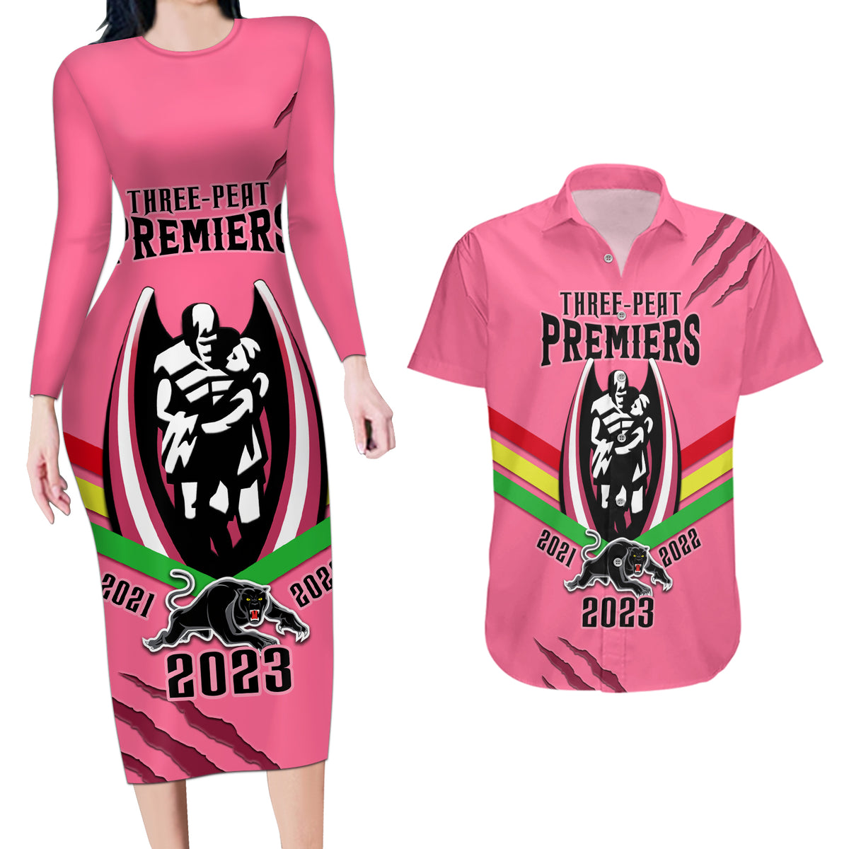 nrl-panthers-couples-matching-long-sleeve-bodycon-dress-and-hawaiian-shirt-premiers-2023-three-peat-proud-of-our-boys-pink