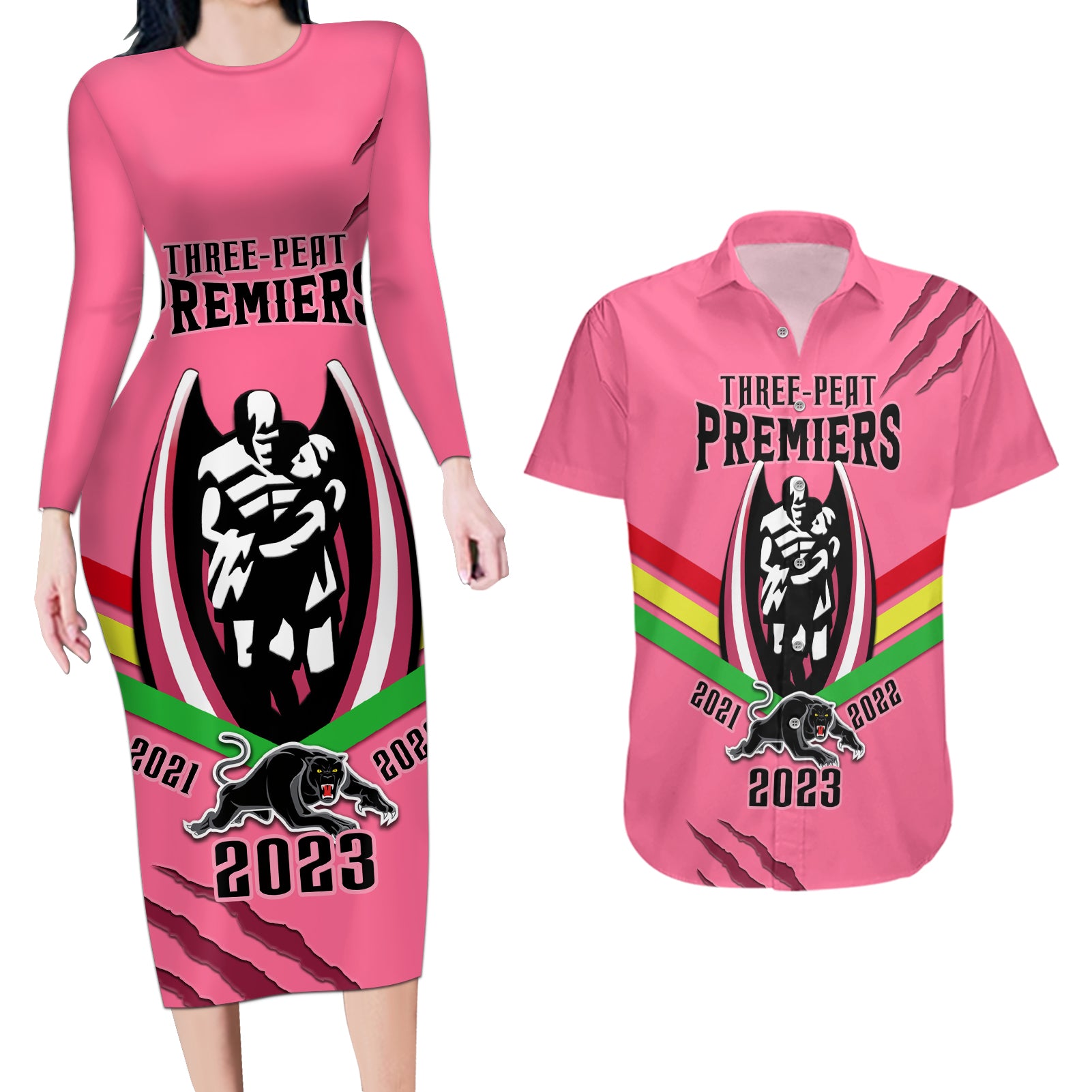 nrl-panthers-couples-matching-long-sleeve-bodycon-dress-and-hawaiian-shirt-premiers-2023-three-peat-proud-of-our-boys-pink