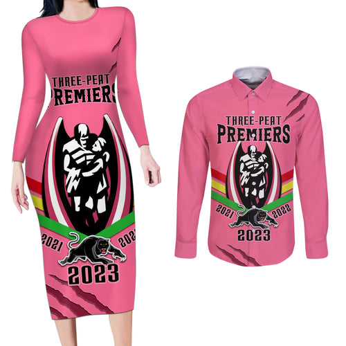 nrl-panthers-couples-matching-long-sleeve-bodycon-dress-and-long-sleeve-button-shirts-premiers-2023-three-peat-proud-of-our-boys-pink