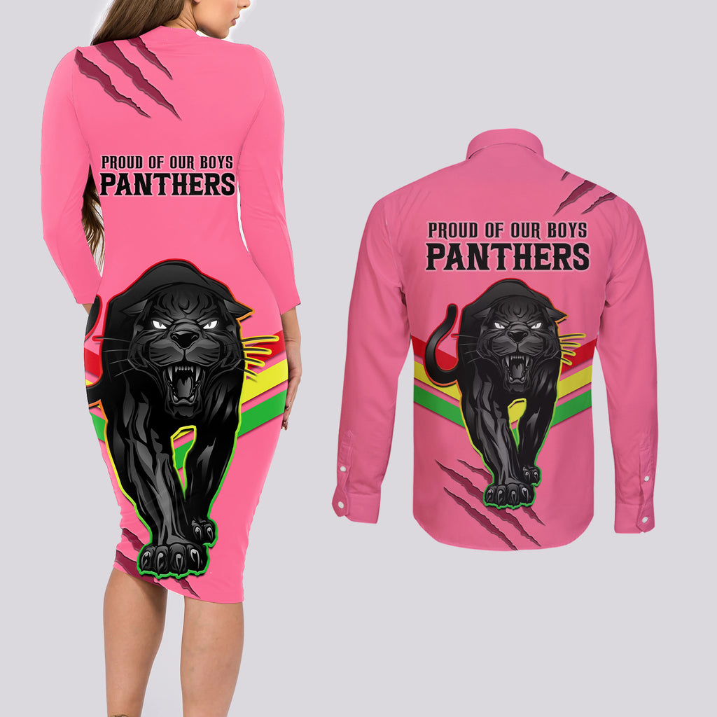 nrl-panthers-couples-matching-long-sleeve-bodycon-dress-and-long-sleeve-button-shirts-premiers-2023-three-peat-proud-of-our-boys-pink