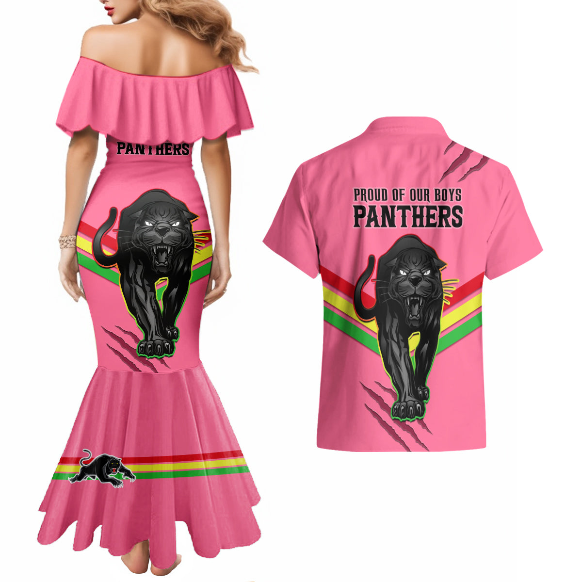nrl-panthers-couples-matching-mermaid-dress-and-hawaiian-shirt-premiers-2023-three-peat-proud-of-our-boys-pink