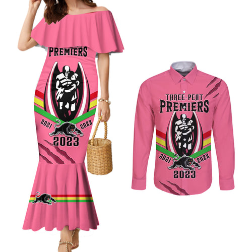 nrl-panthers-couples-matching-mermaid-dress-and-long-sleeve-button-shirts-premiers-2023-three-peat-proud-of-our-boys-pink