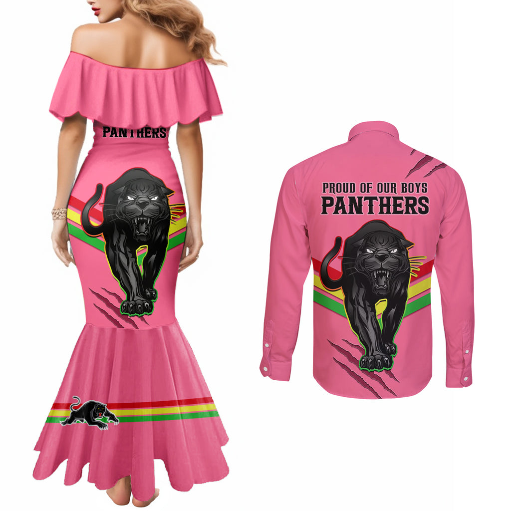 nrl-panthers-couples-matching-mermaid-dress-and-long-sleeve-button-shirts-premiers-2023-three-peat-proud-of-our-boys-pink