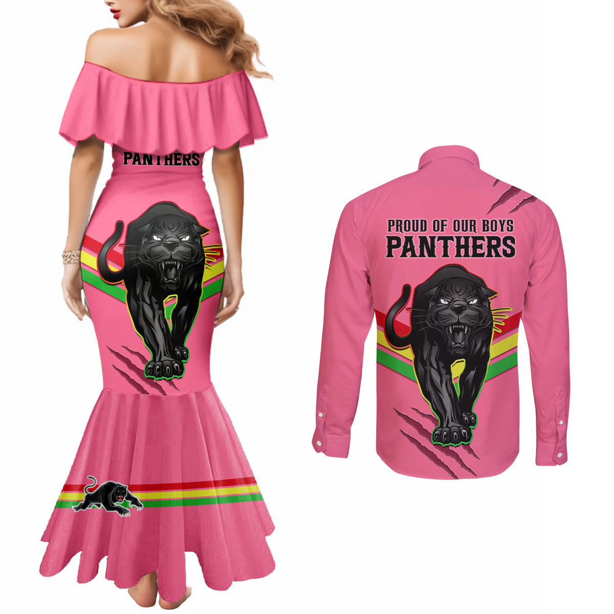 nrl-panthers-couples-matching-mermaid-dress-and-long-sleeve-button-shirts-premiers-2023-three-peat-proud-of-our-boys-pink