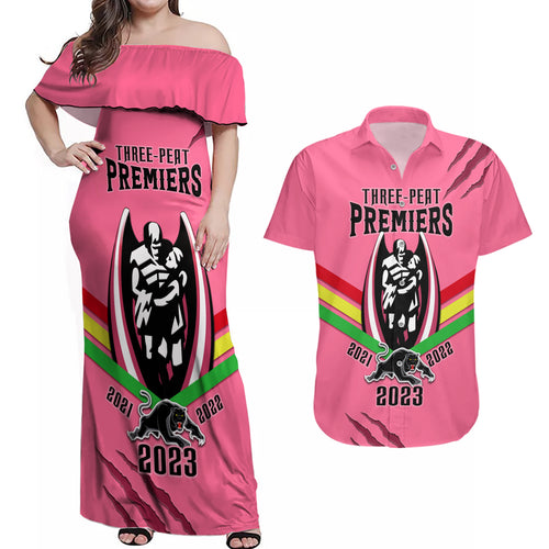 nrl-panthers-couples-matching-off-shoulder-maxi-dress-and-hawaiian-shirt-premiers-2023-three-peat-proud-of-our-boys-pink