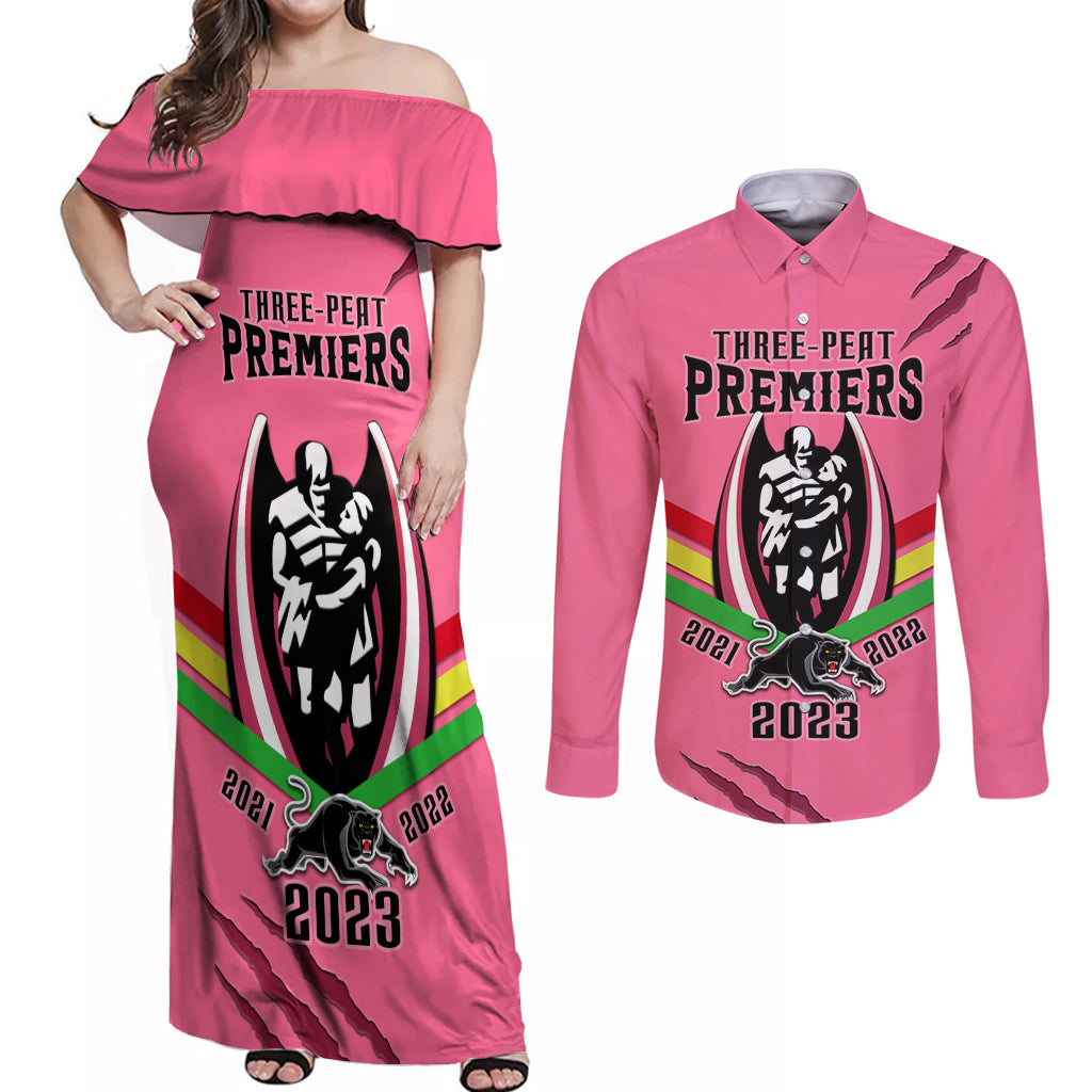 nrl-panthers-couples-matching-off-shoulder-maxi-dress-and-long-sleeve-button-shirts-premiers-2023-three-peat-proud-of-our-boys-pink