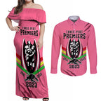 nrl-panthers-couples-matching-off-shoulder-maxi-dress-and-long-sleeve-button-shirts-premiers-2023-three-peat-proud-of-our-boys-pink
