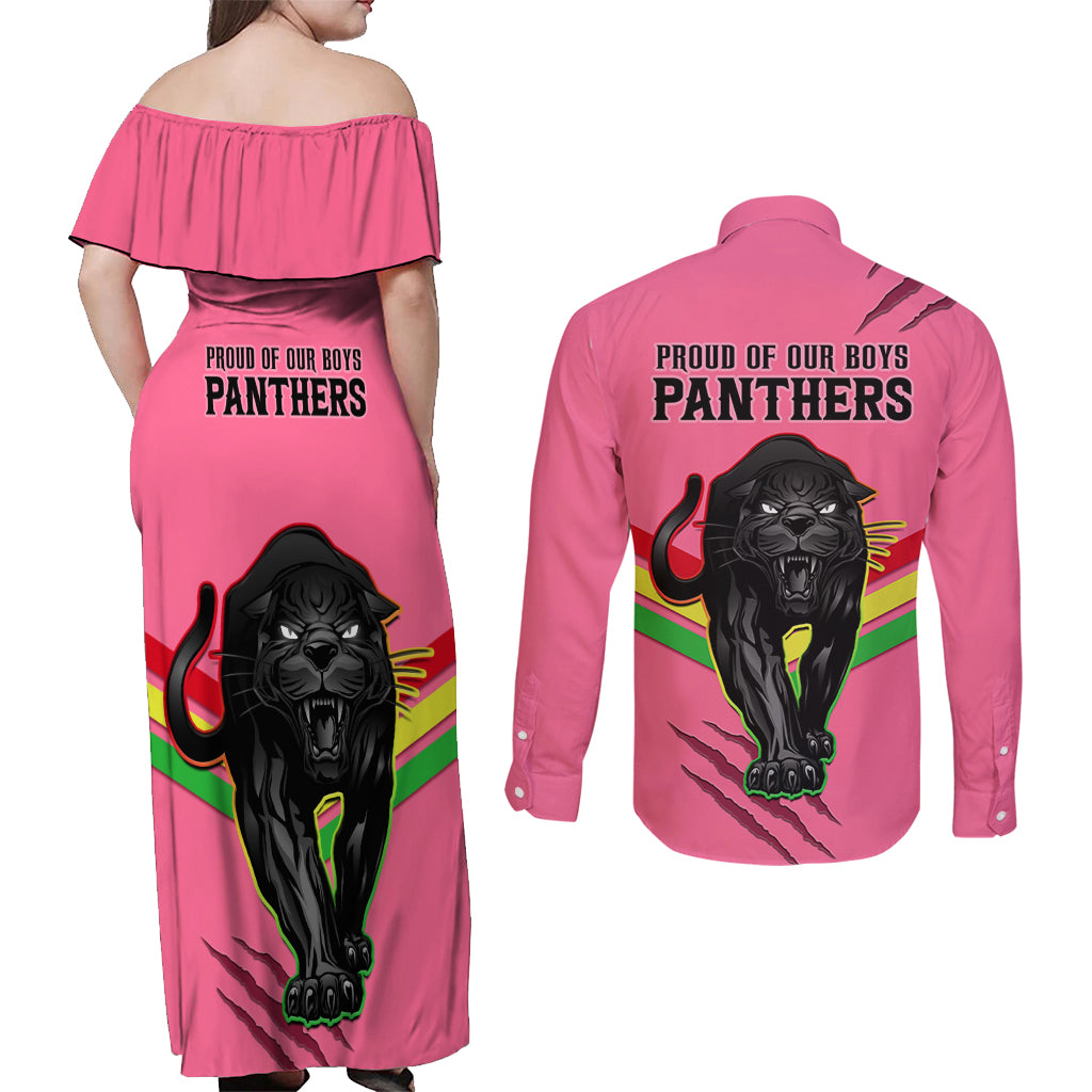 nrl-panthers-couples-matching-off-shoulder-maxi-dress-and-long-sleeve-button-shirts-premiers-2023-three-peat-proud-of-our-boys-pink