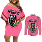 nrl-panthers-couples-matching-off-shoulder-short-dress-and-long-sleeve-button-shirts-premiers-2023-three-peat-proud-of-our-boys-pink