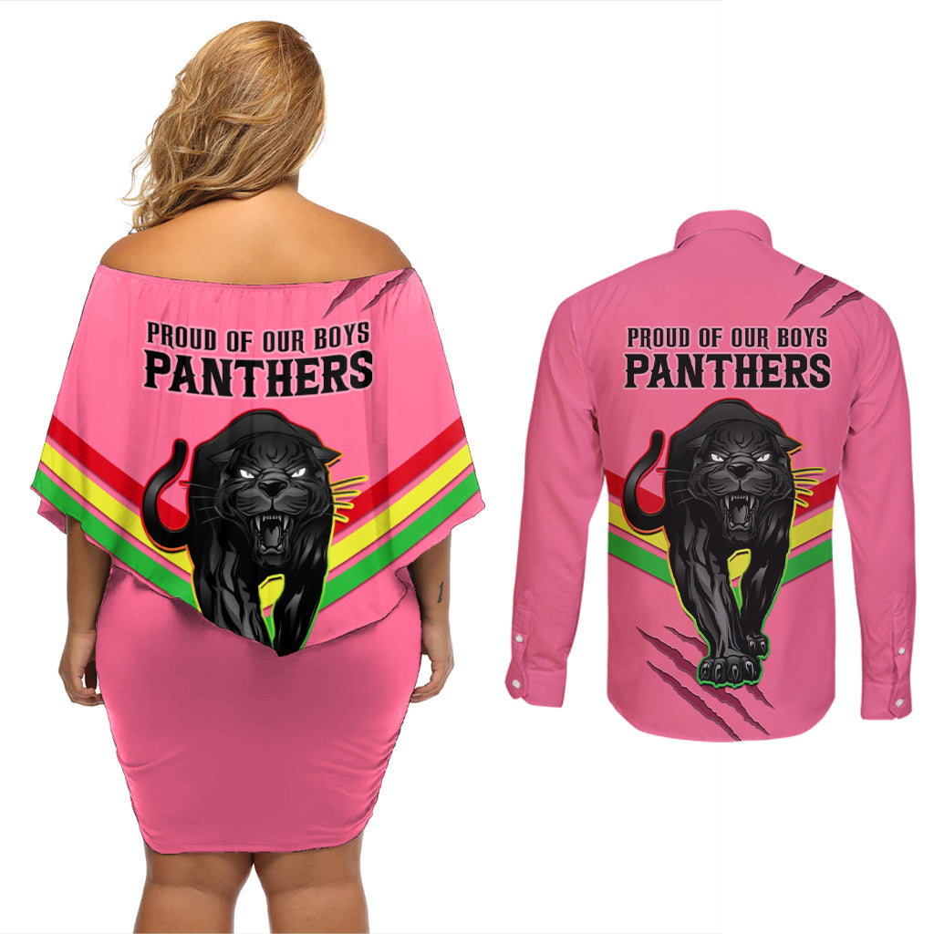 nrl-panthers-couples-matching-off-shoulder-short-dress-and-long-sleeve-button-shirts-premiers-2023-three-peat-proud-of-our-boys-pink