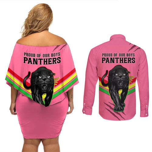 nrl-panthers-couples-matching-off-shoulder-short-dress-and-long-sleeve-button-shirts-premiers-2023-three-peat-proud-of-our-boys-pink