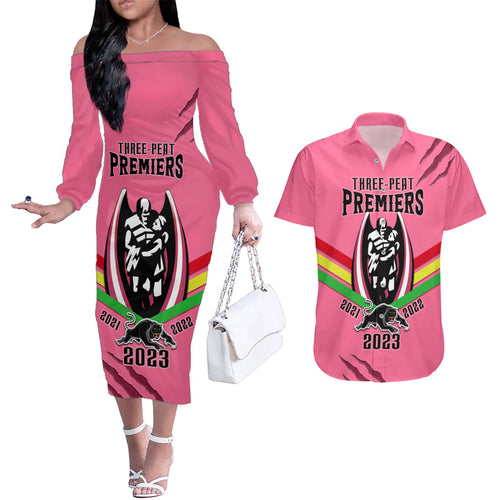 nrl-panthers-couples-matching-off-the-shoulder-long-sleeve-dress-and-hawaiian-shirt-premiers-2023-three-peat-proud-of-our-boys-pink