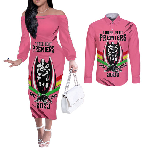 nrl-panthers-couples-matching-off-the-shoulder-long-sleeve-dress-and-long-sleeve-button-shirts-premiers-2023-three-peat-proud-of-our-boys-pink