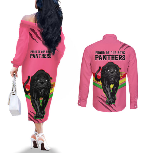 nrl-panthers-couples-matching-off-the-shoulder-long-sleeve-dress-and-long-sleeve-button-shirts-premiers-2023-three-peat-proud-of-our-boys-pink
