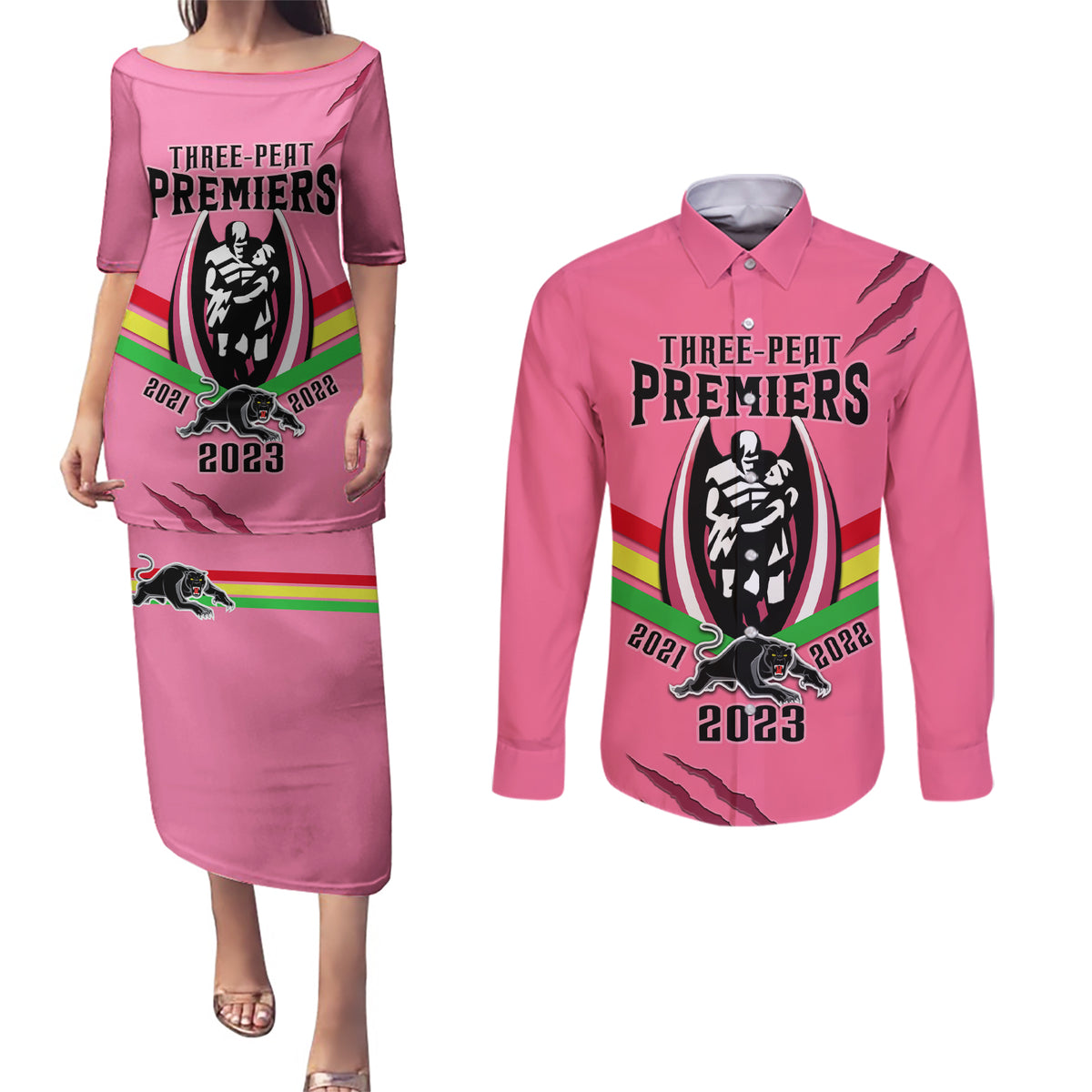 nrl-panthers-couples-matching-puletasi-dress-and-long-sleeve-button-shirts-premiers-2023-three-peat-proud-of-our-boys-pink