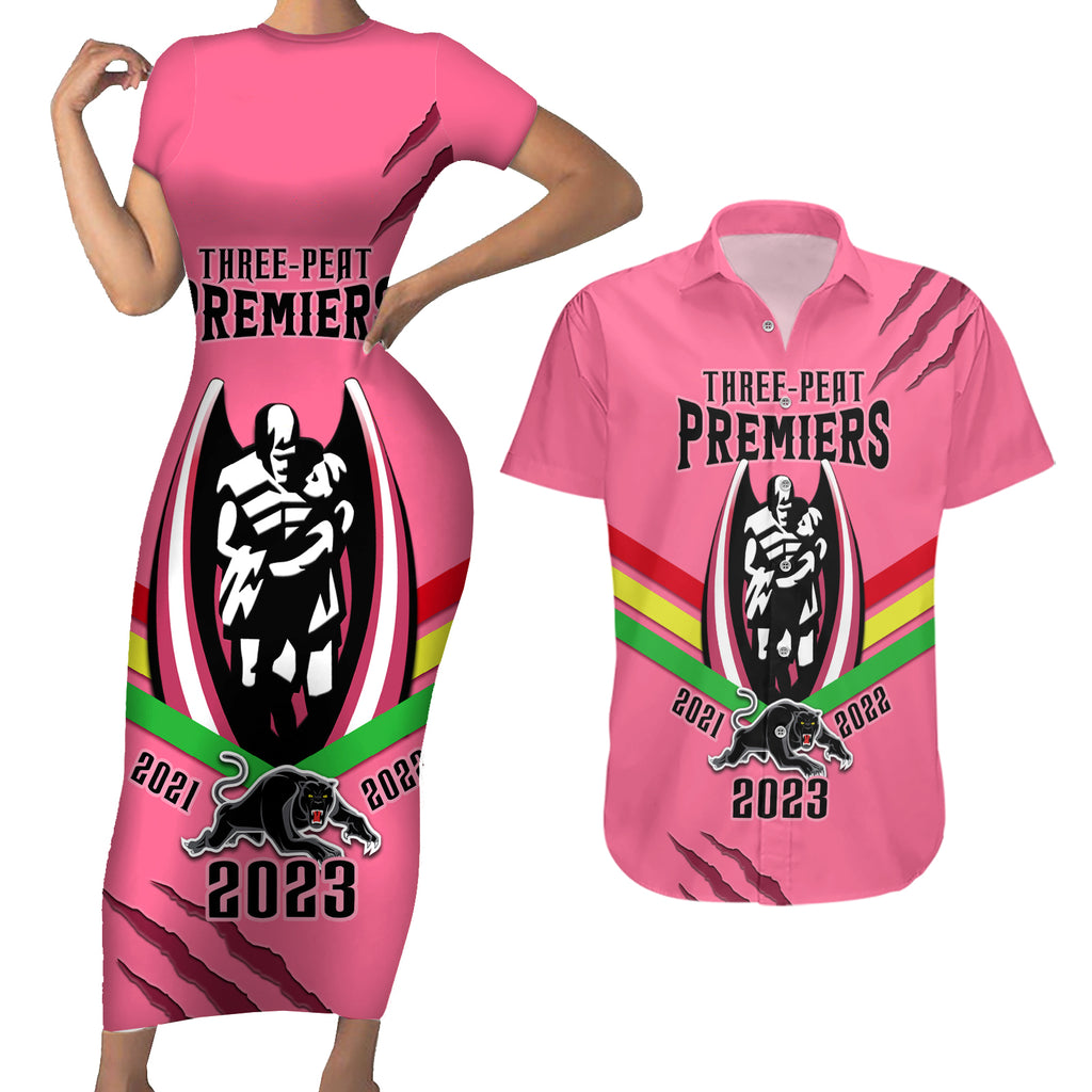 nrl-panthers-couples-matching-short-sleeve-bodycon-dress-and-hawaiian-shirt-premiers-2023-three-peat-proud-of-our-boys-pink