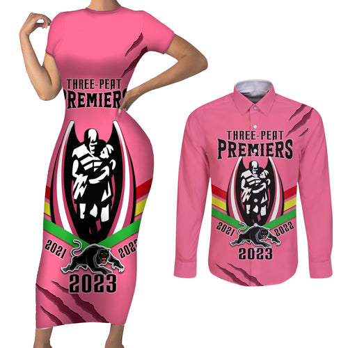 nrl-panthers-couples-matching-short-sleeve-bodycon-dress-and-long-sleeve-button-shirts-premiers-2023-three-peat-proud-of-our-boys-pink