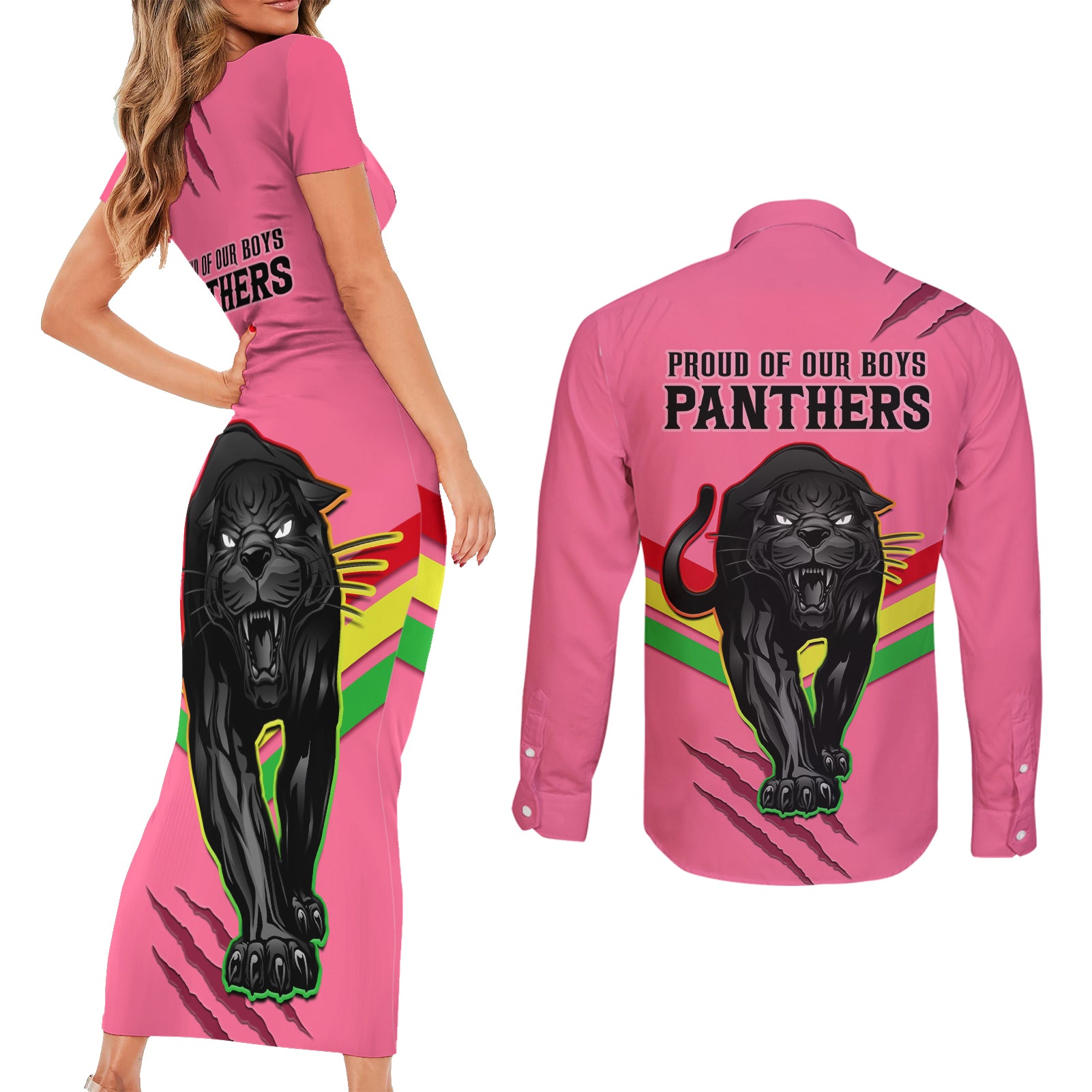 nrl-panthers-couples-matching-short-sleeve-bodycon-dress-and-long-sleeve-button-shirts-premiers-2023-three-peat-proud-of-our-boys-pink